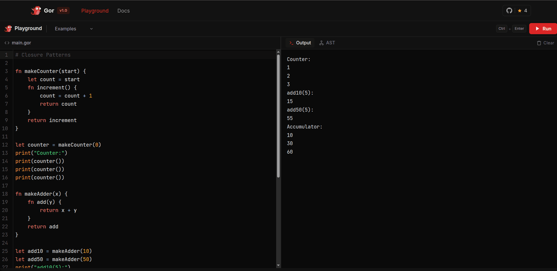 The Gor playground with source on the left and the evaluated output on the right