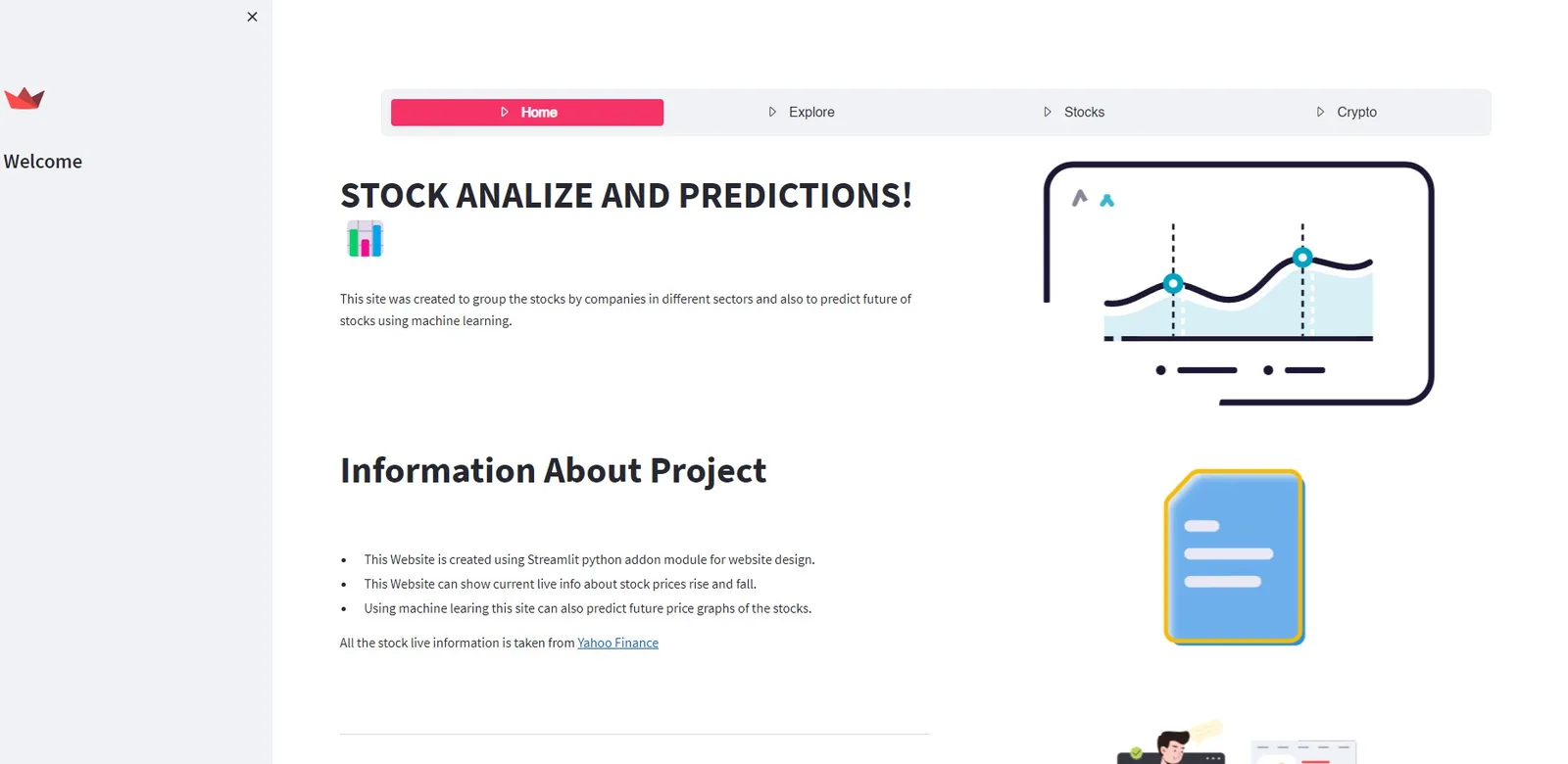 Stock Analyzer dashboard with a price chart and prediction overlay