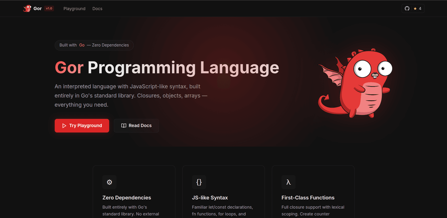 The Gor landing page: the language name, its tagline, and links to the playground and the docs