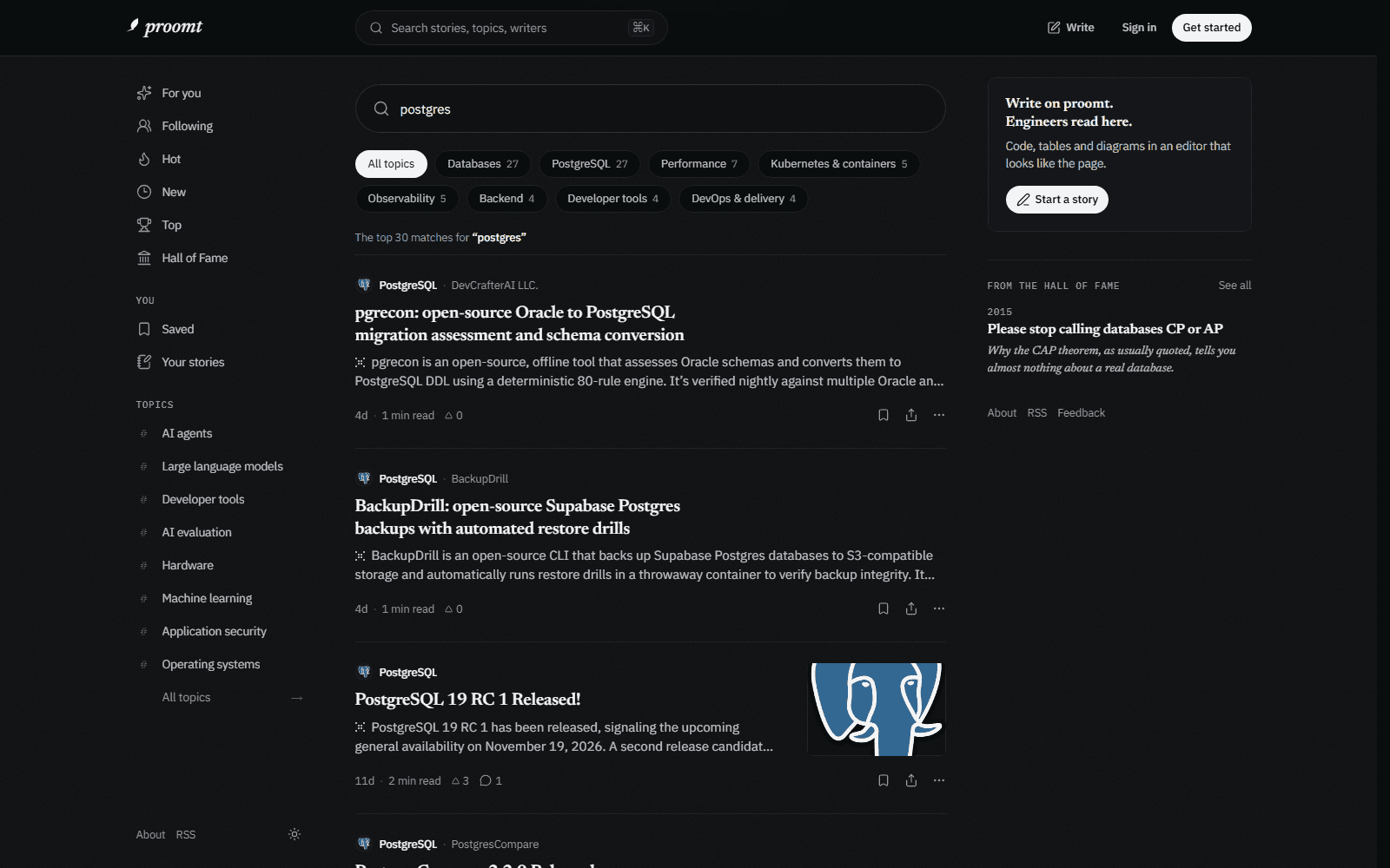 proomt search results for postgres, with topic counts above the top matches