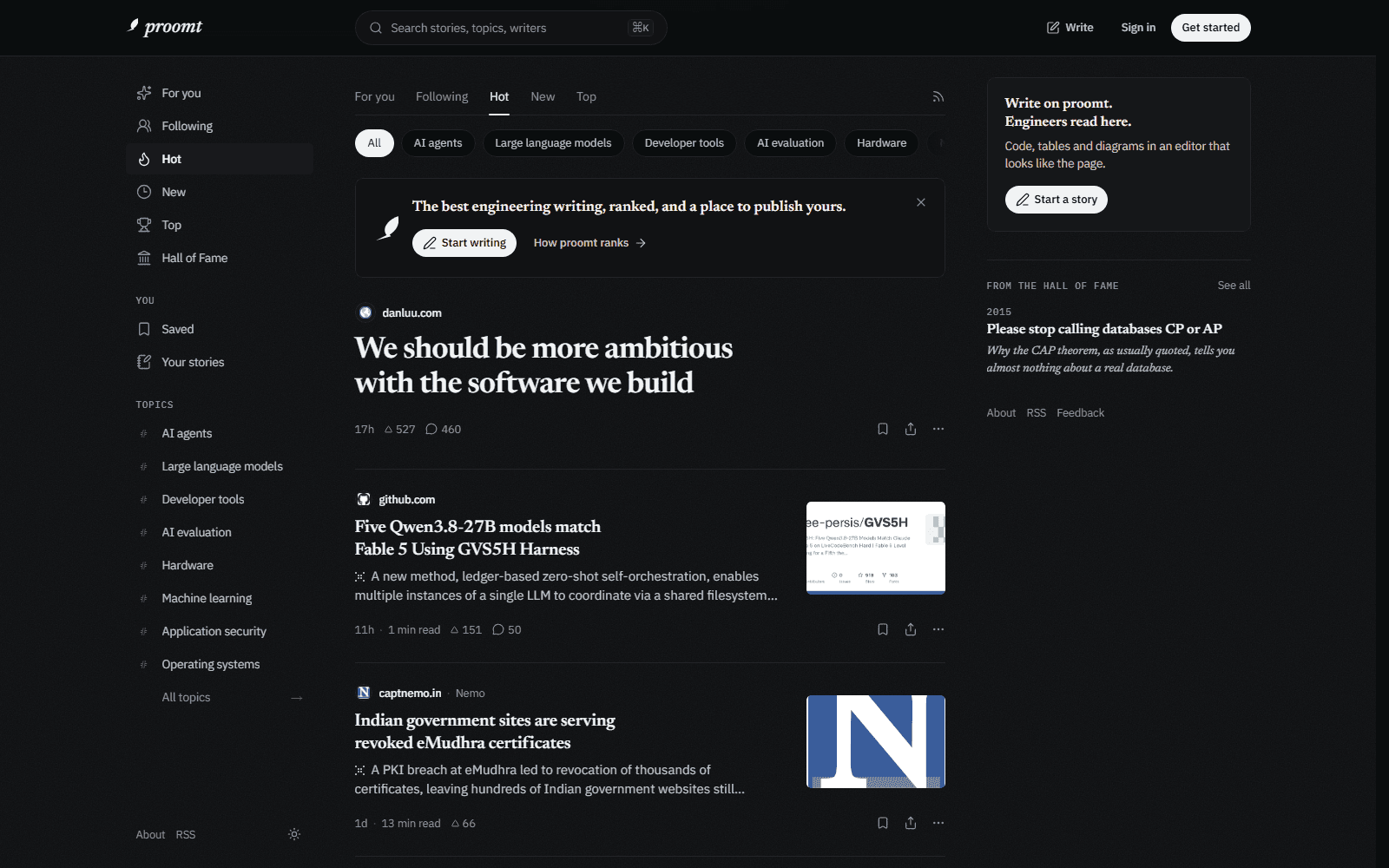 The proomt home feed: ranked engineering posts with their source, summary, read time and Hacker News points