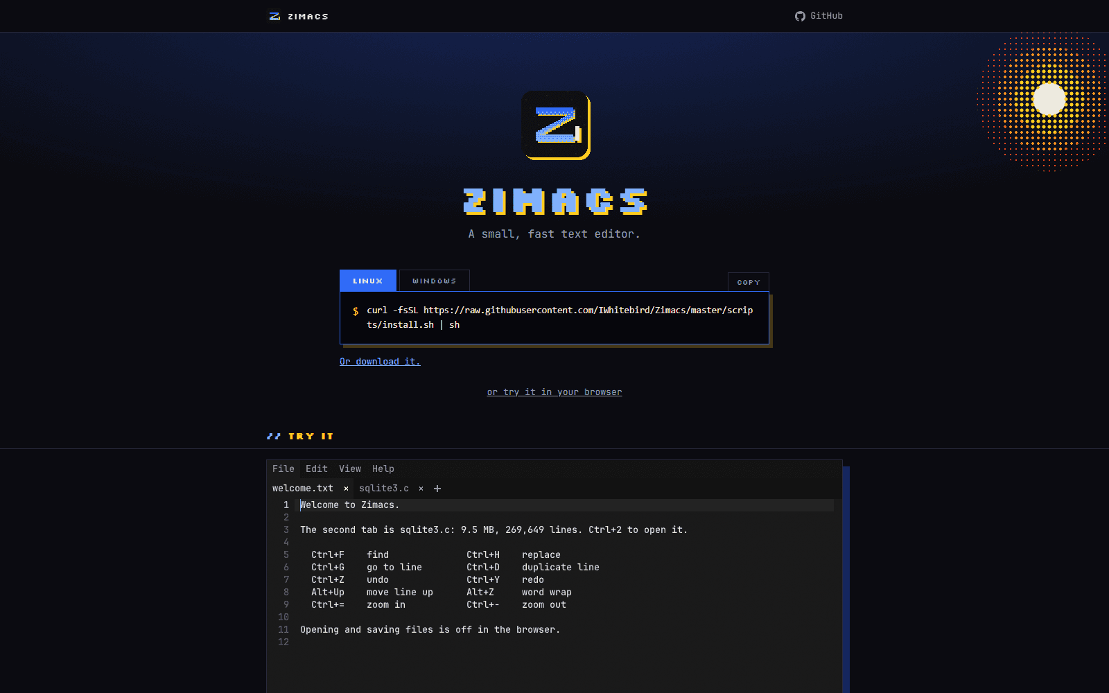 The Zimacs site with the install command and the editor running in the browser below it
