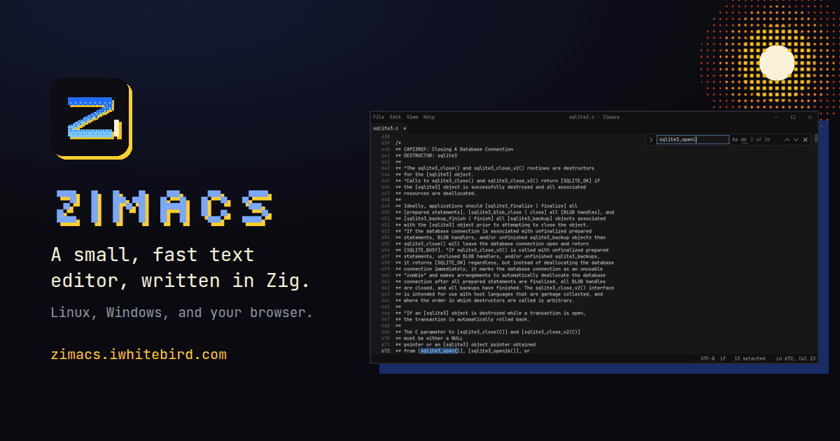 Zimacs searching SQLite's 9.5 MB source file, next to the logo and tagline