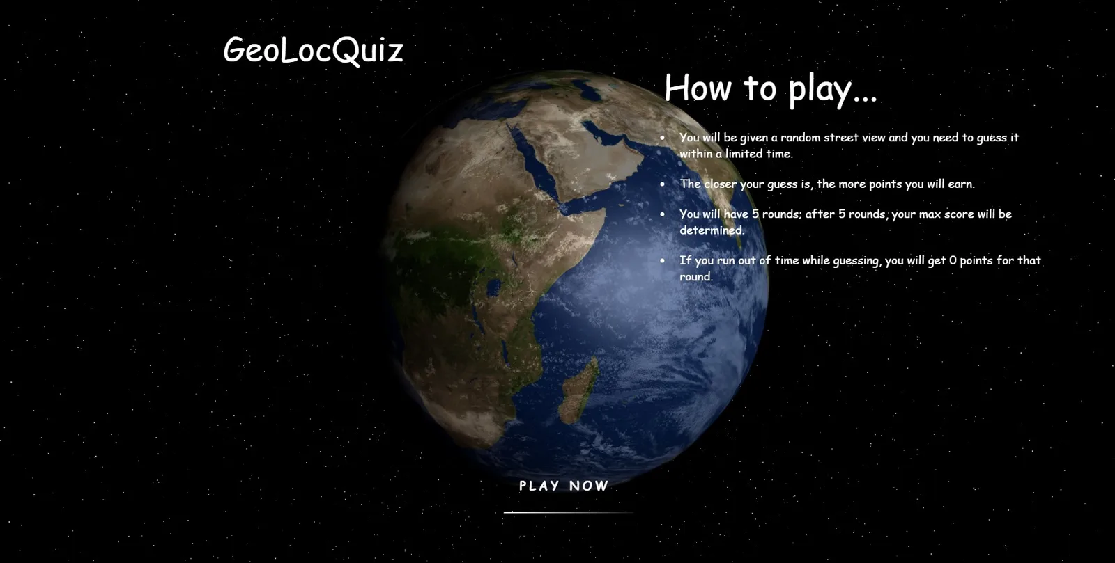 GeoQuiz round in progress with a Street View panorama and the guess map