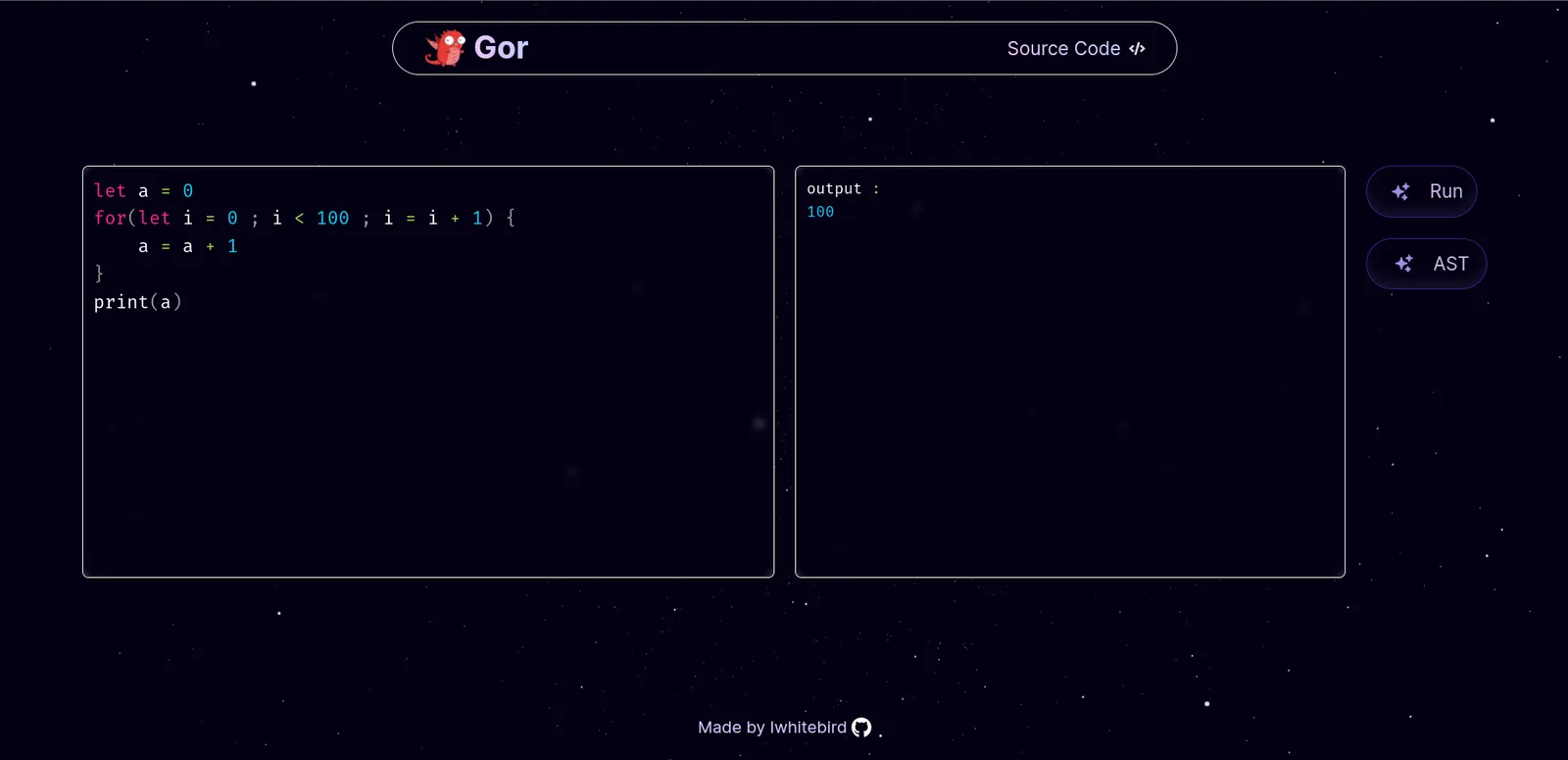 The Gor playground with source on the left and the evaluated output on the right